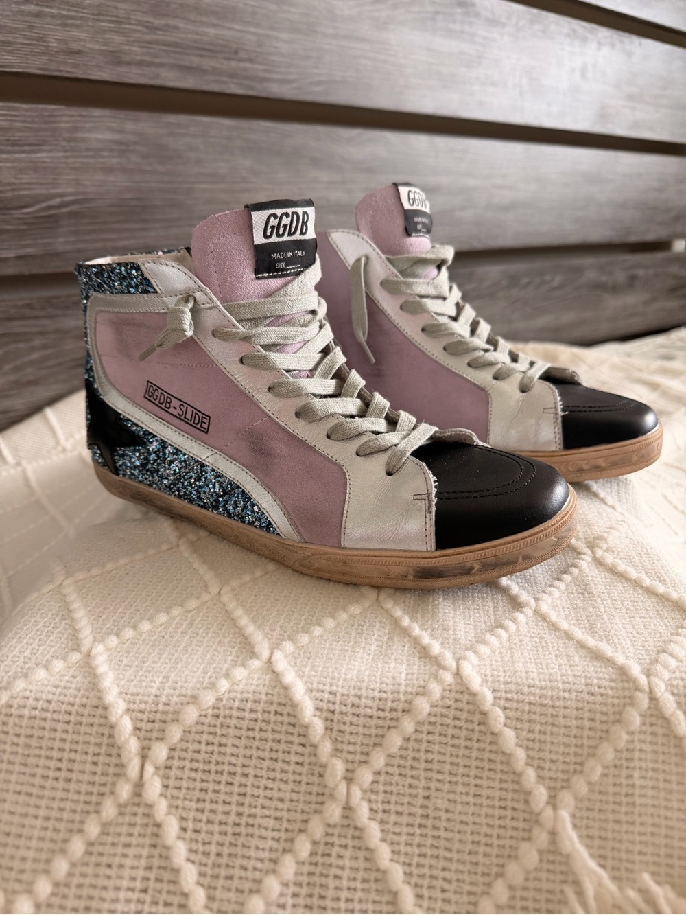 Golden Goose Pink White Black Glitter High-Top Sneakers